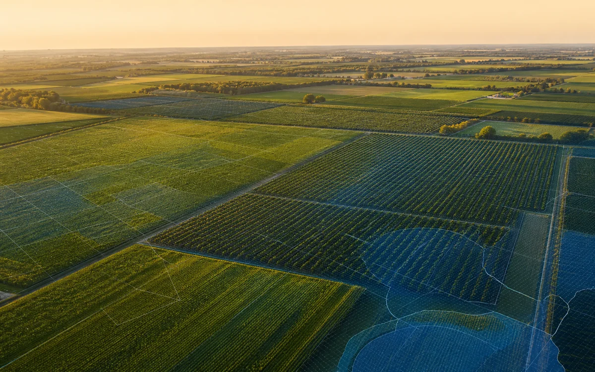 Aerial crop fields with geospatial analysis overlay