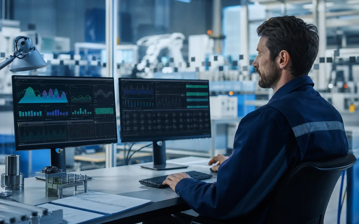 Engineer reviewing operational manufacturing telemetry
